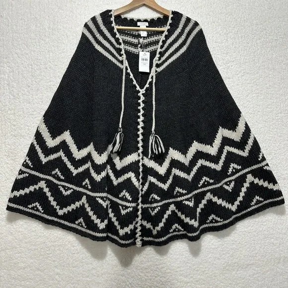 J. Jill Black & White Knit Poncho V-neck w/ Tassel Ties & Geometric Patterns NWT - Picture 8 of 11